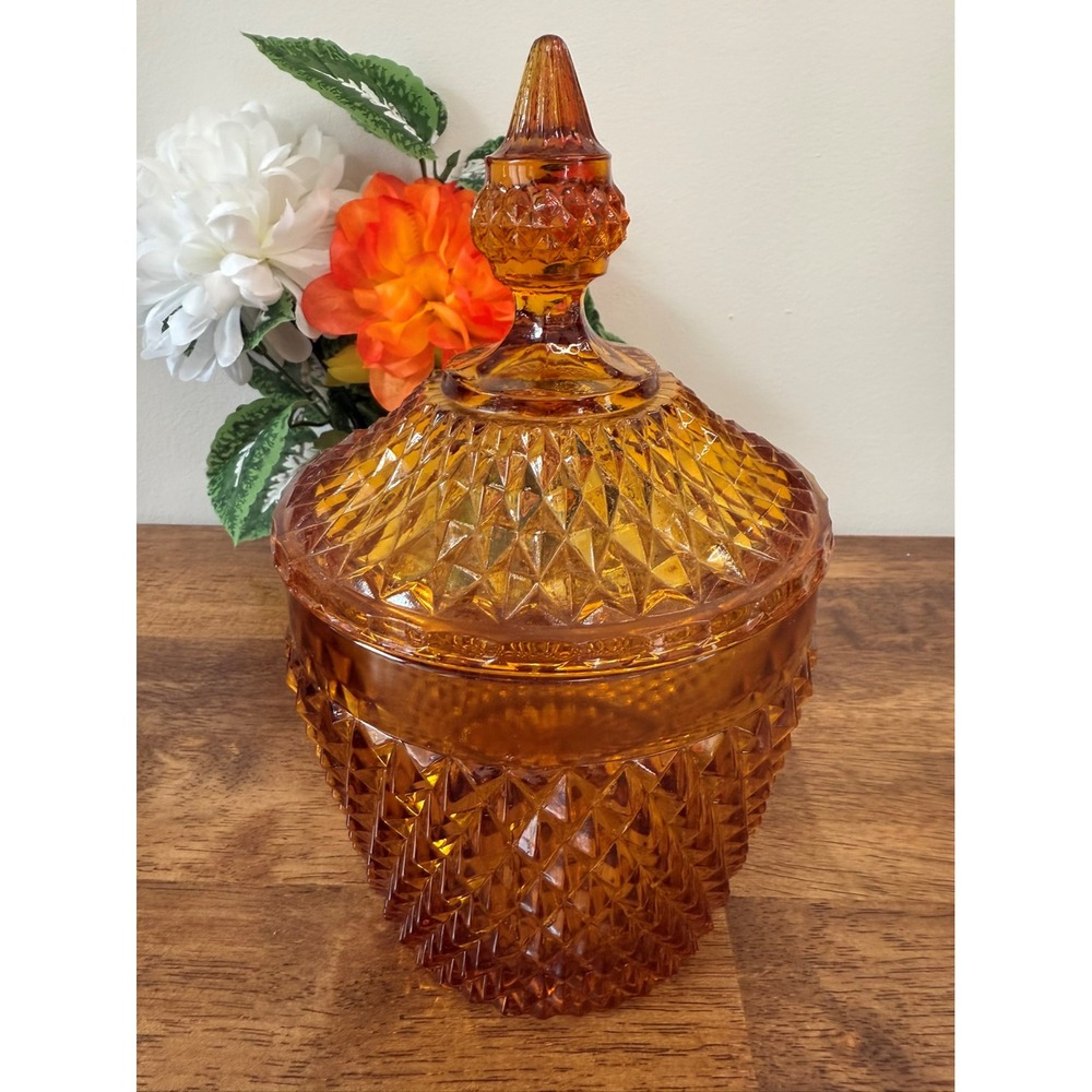 Vintage Amber Diamond Point Glass Apothecary Jar Lid Retro MCM Storage Canister‎